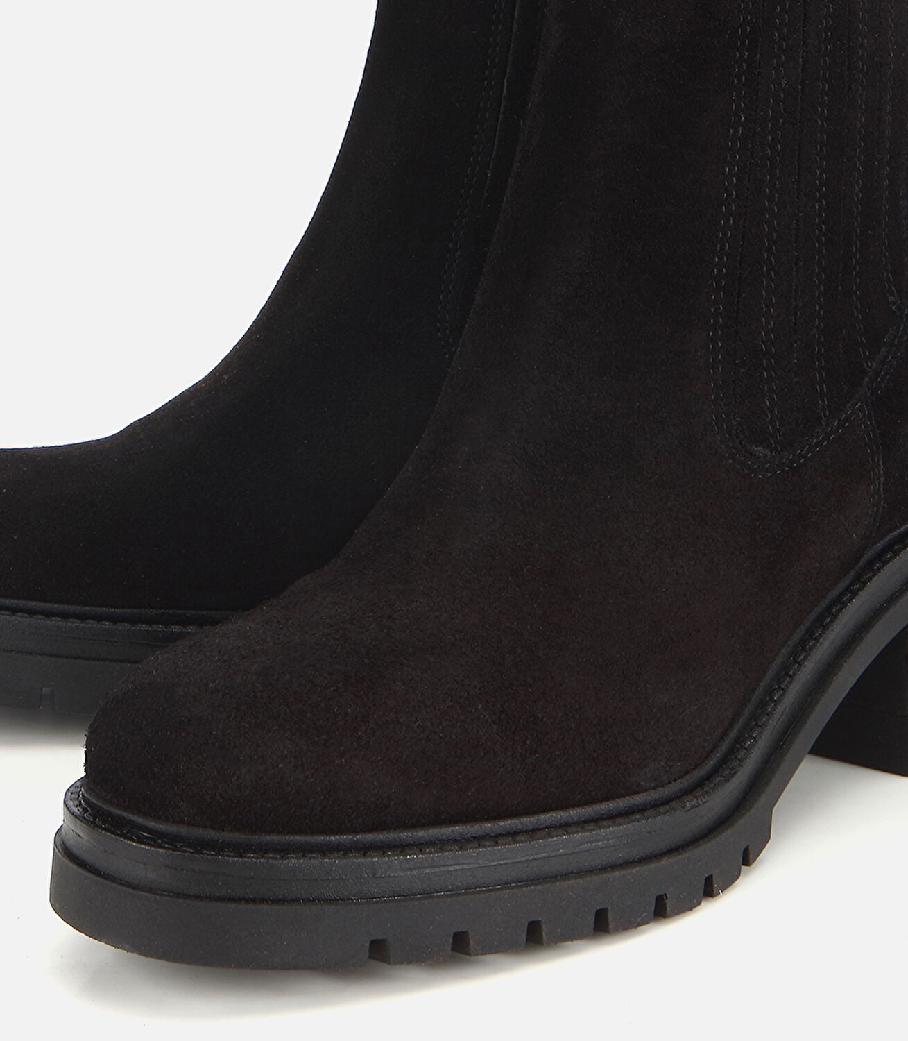 Kadın Süet Deri Siyah Lastik Detaylı  Kalın Tabanlı Topuklu Bot