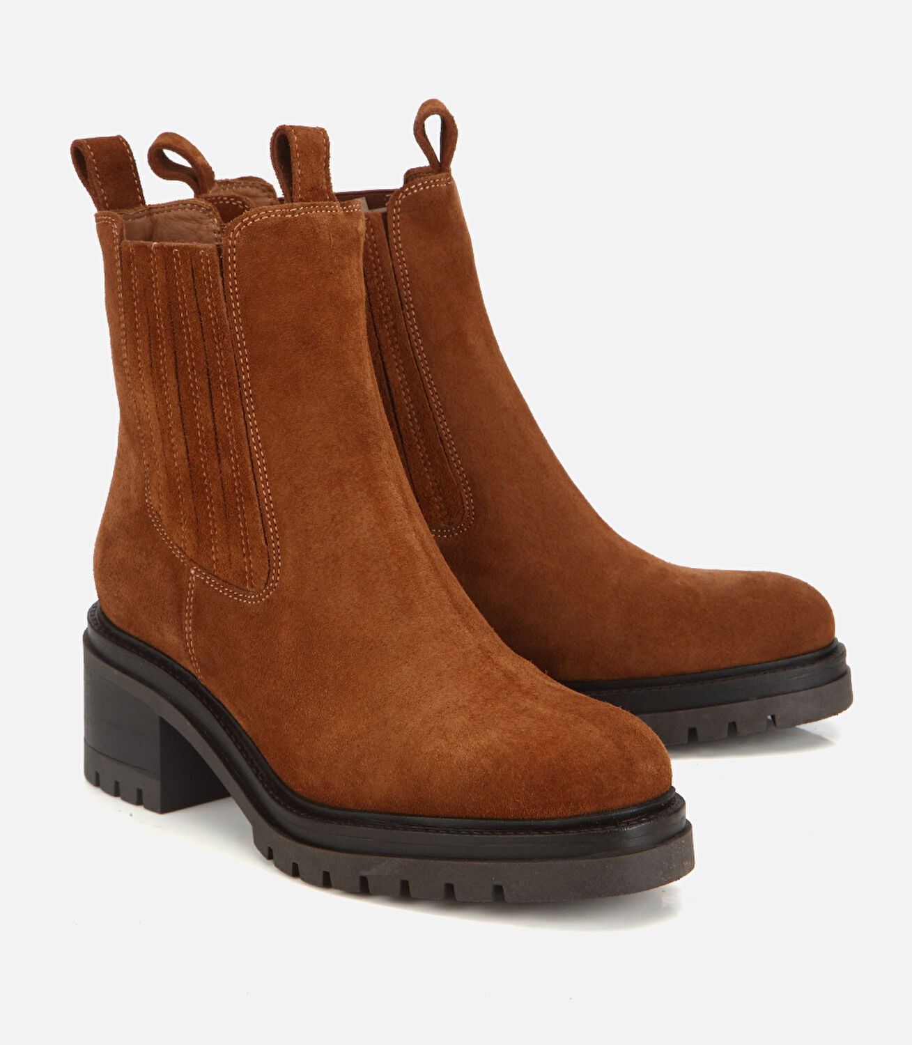 Kadın Süet Deri Taba Lastik Detaylı  Kalın Tabanlı Topuklu Bot