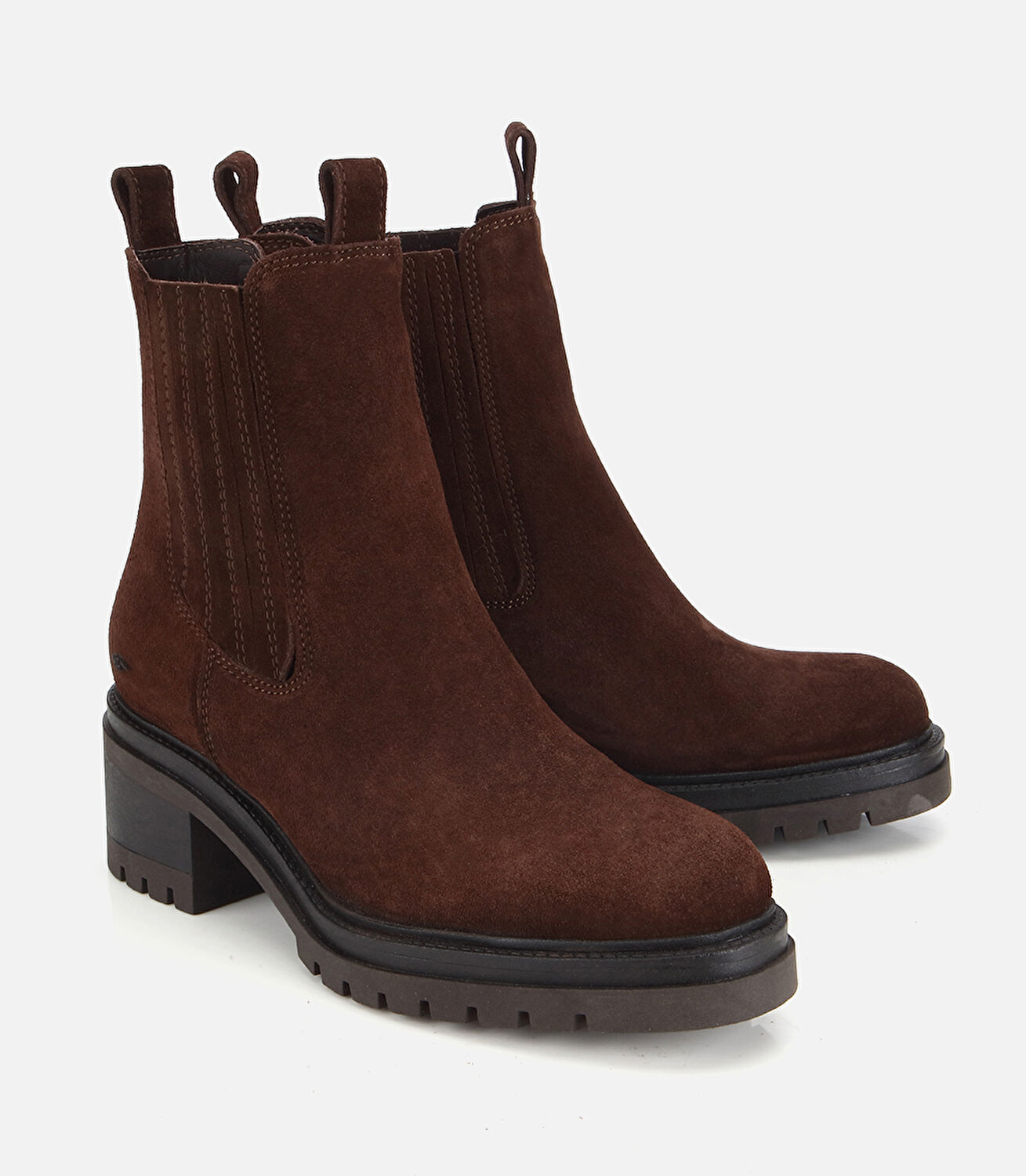 Kadın Süet Deri Kahverengi Lastik Detaylı  Kalın Tabanlı Topuklu Bot