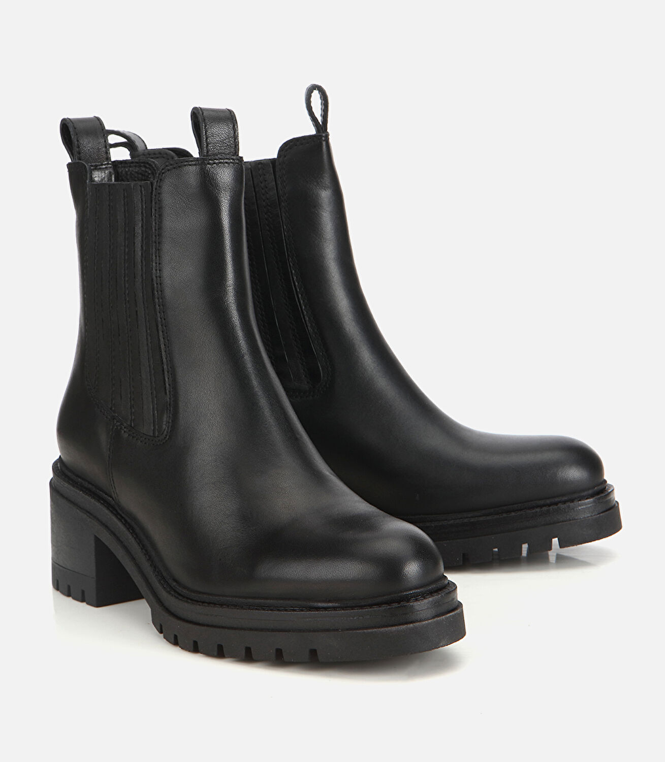 Kadın  Deri Siyah Lastik Detaylı  Kalın Tabanlı Topuklu Bot