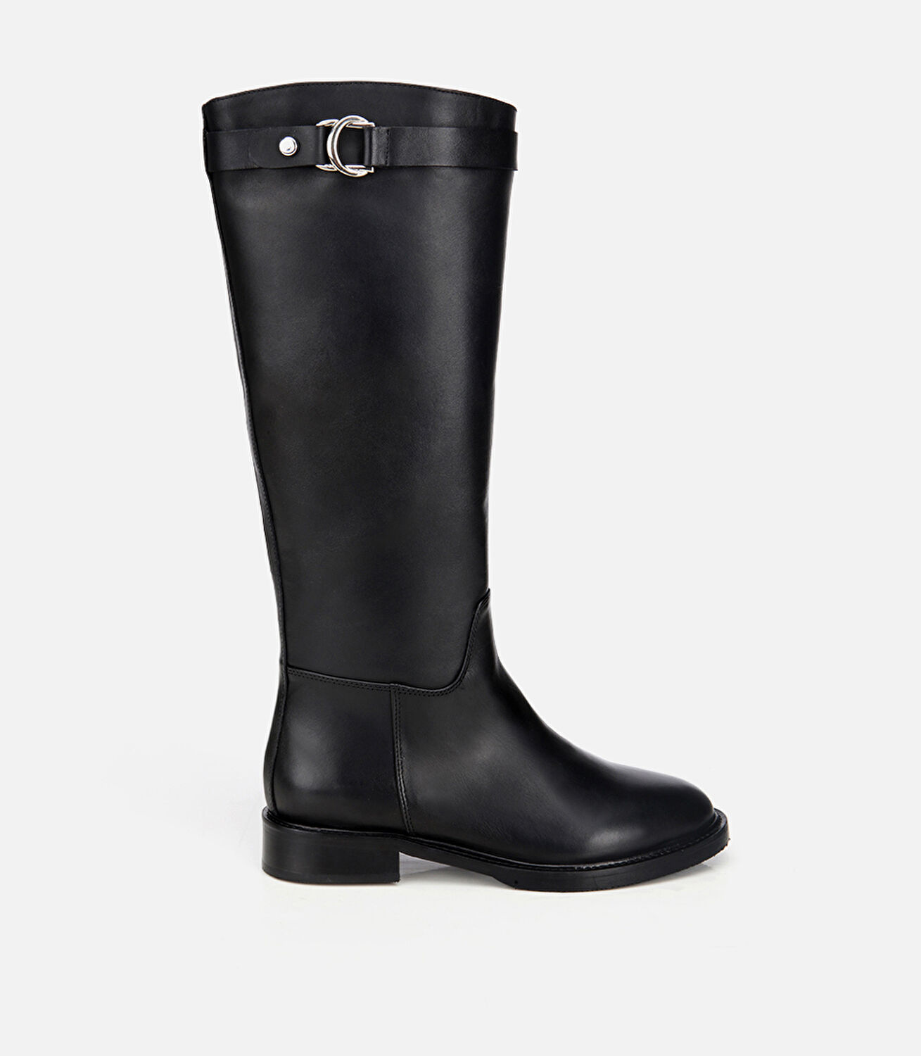 Kadın Deri Siyah Tokalı Binici Düz Çizme