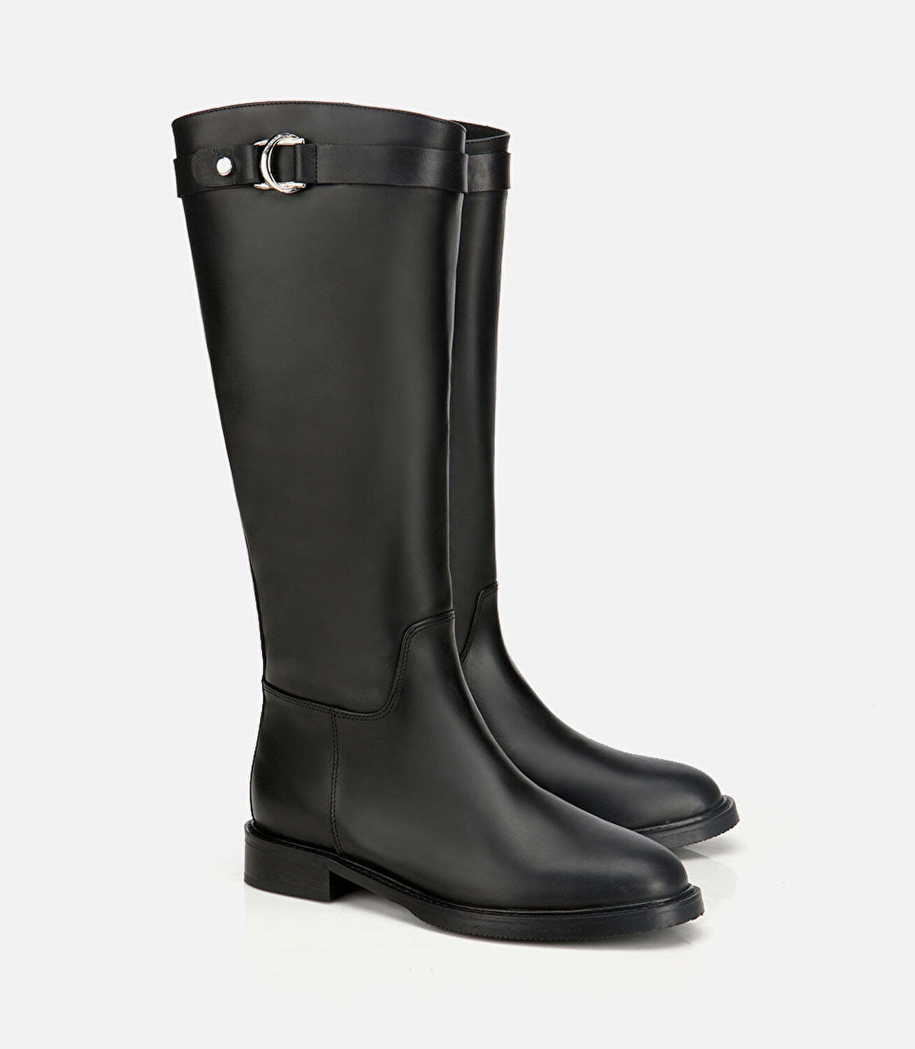 Kadın Deri Siyah Tokalı Binici Düz Çizme