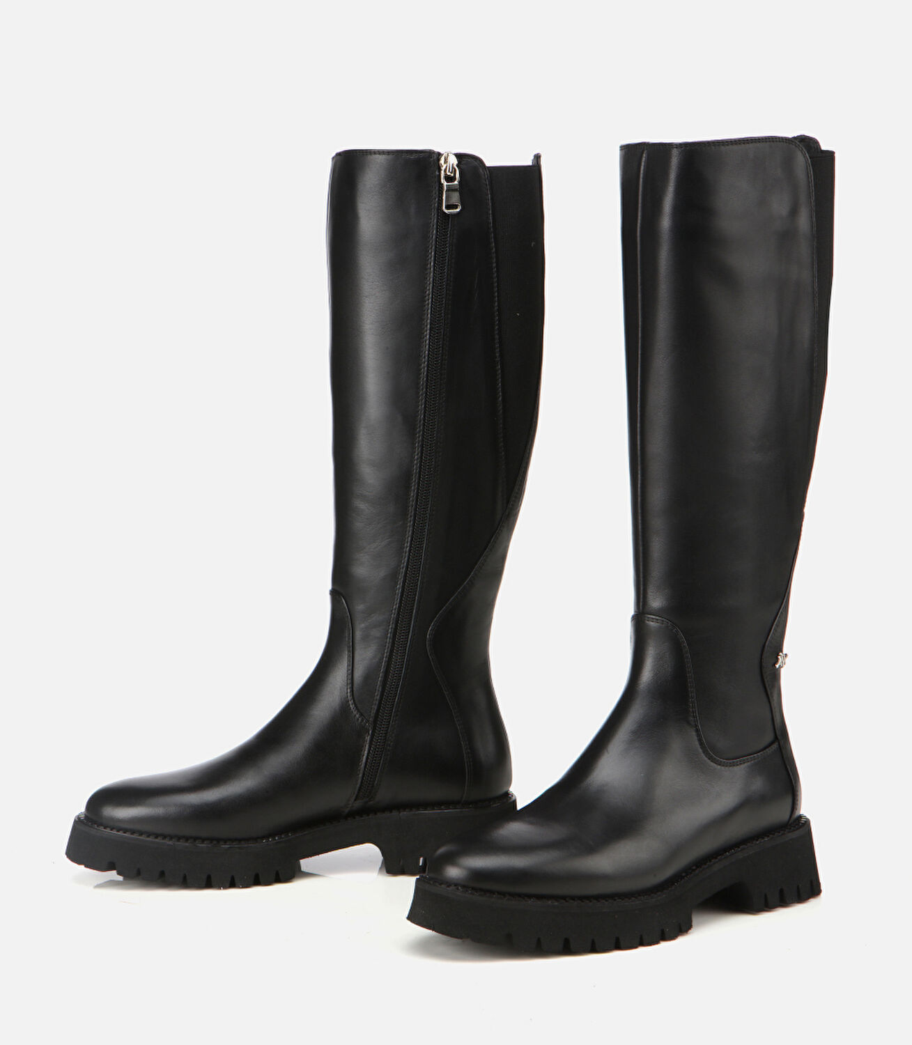 Kadın Deri Siyah Lastik Detaylı Binici Düz Çizme