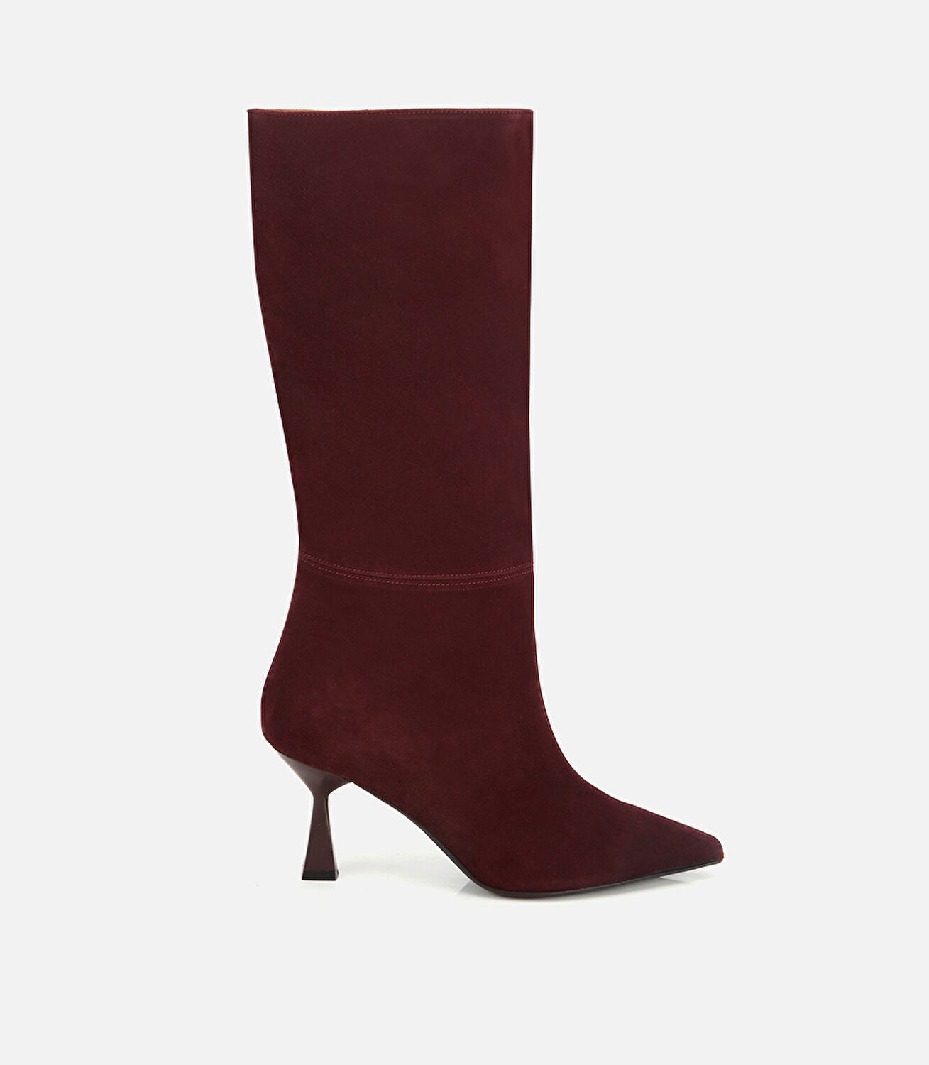 Kadın Süet Deri Bordo Dikiş Detaylı Topuklu Çizme