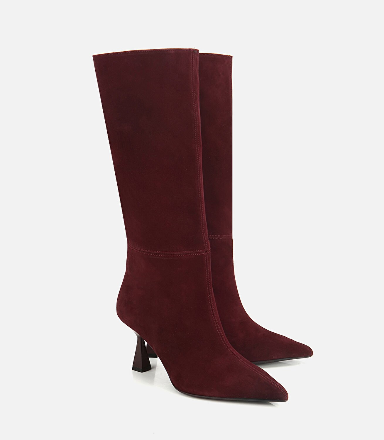 Kadın Süet Deri Bordo Dikiş Detaylı Topuklu Çizme