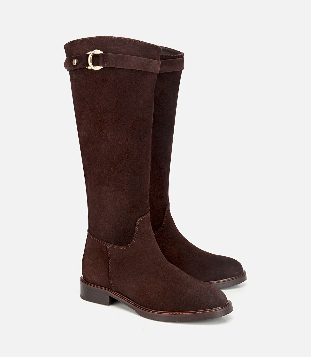 Kadın Süet Deri Kahverengi Tokalı Binici Düz Çizme