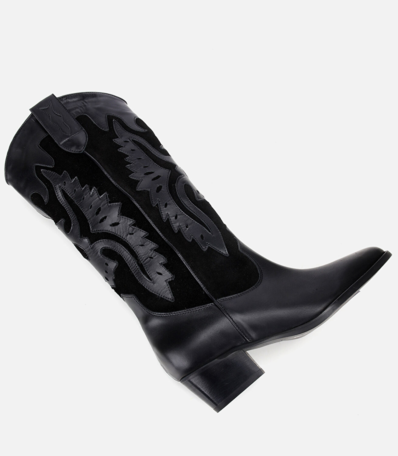 Kadın Deri Siyah İşleme Detaylı Western Kovboy Çizme