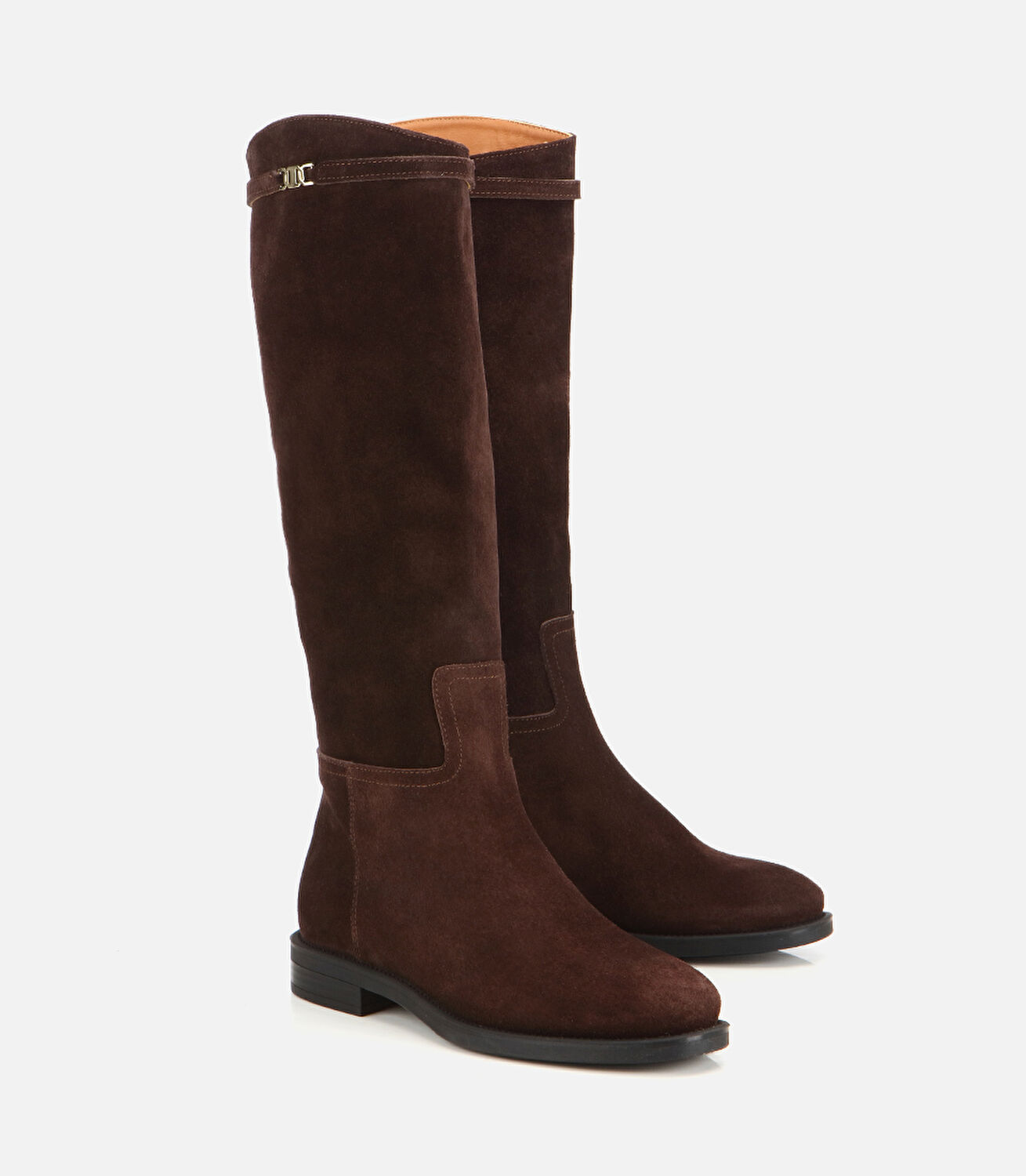 Kadın Süet Deri Kahverengi  Kemer Detaylı Düz Çizme