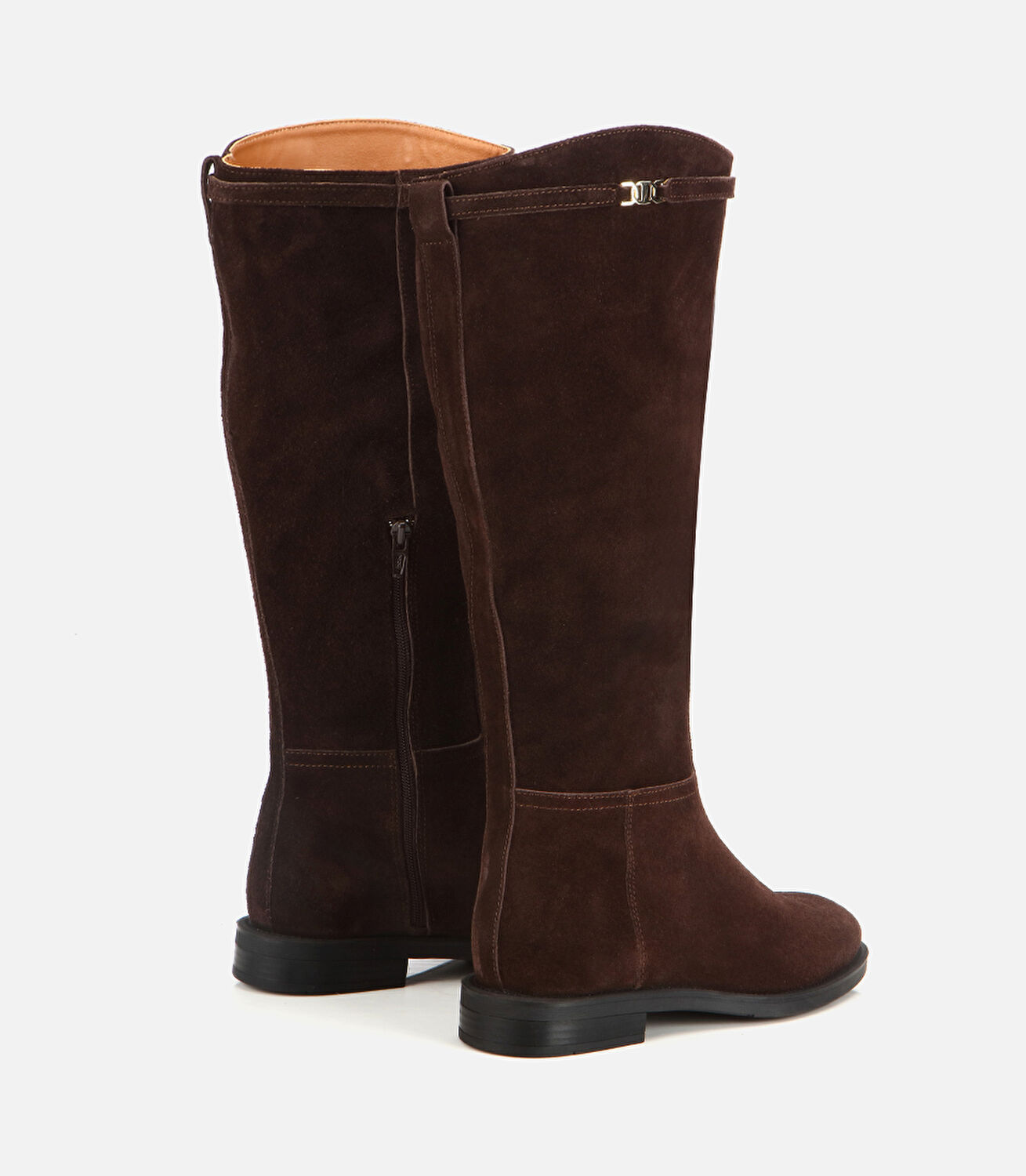 Kadın Süet Deri Kahverengi  Kemer Detaylı Düz Çizme