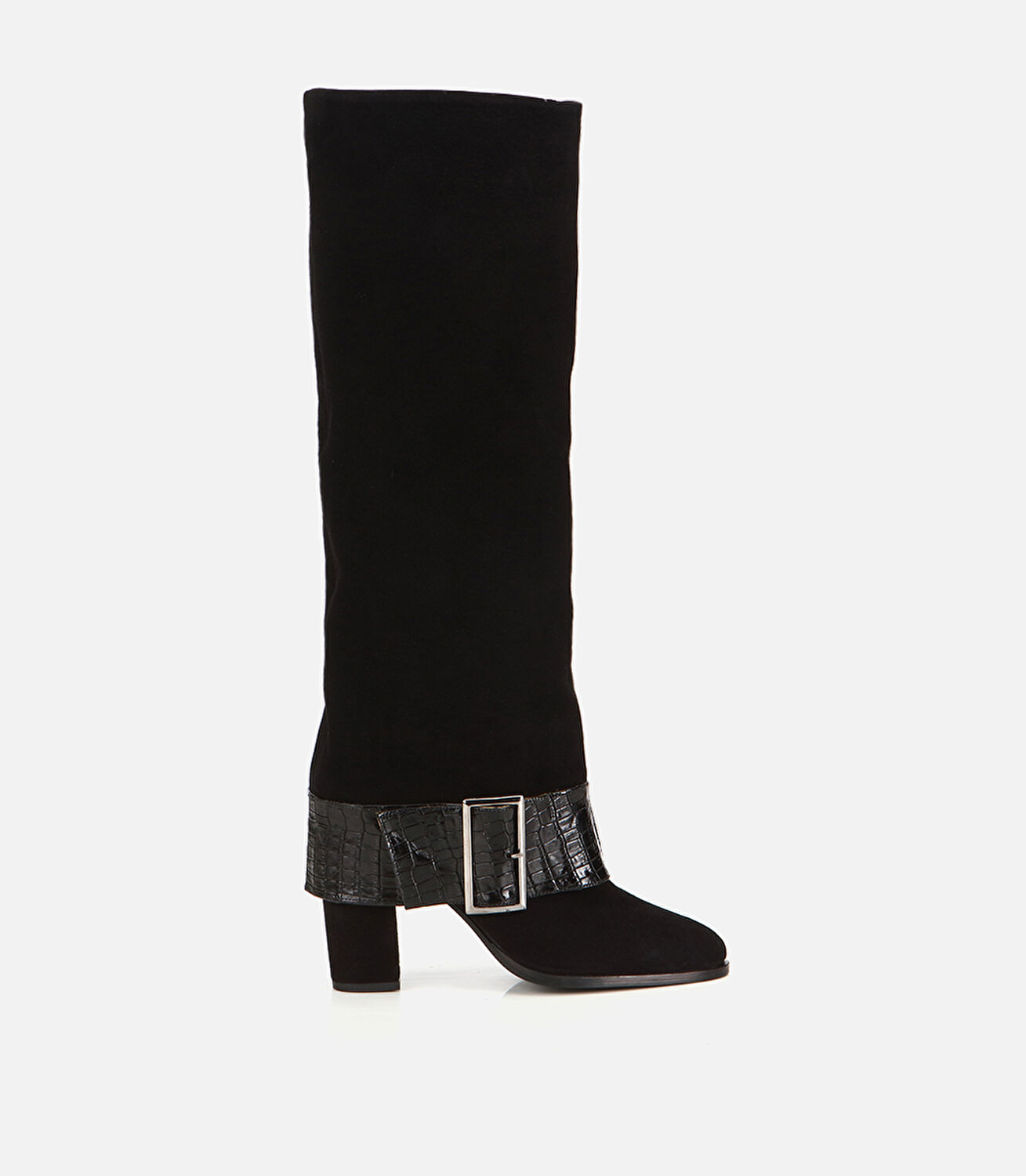 Kadın Süet Deri Siyah Kemer Detaylı Topuklu Çizme