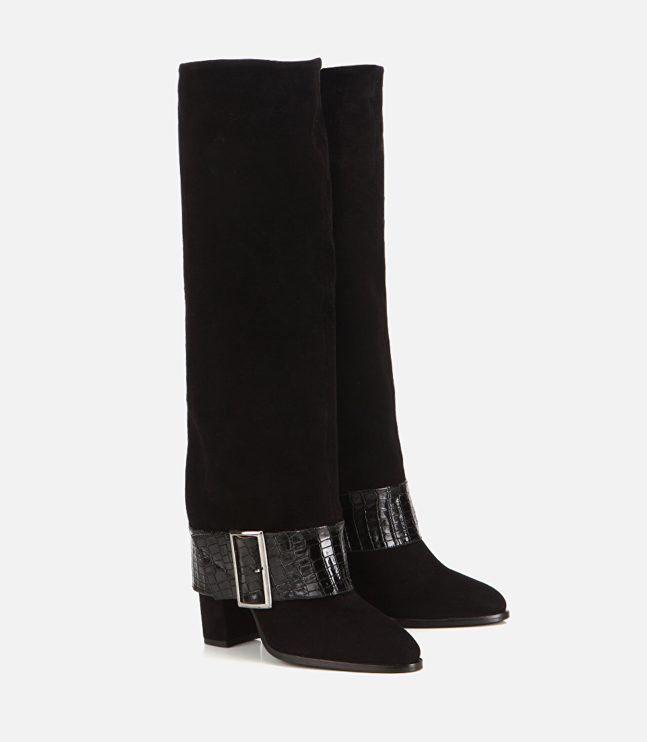 Kadın Süet Deri Siyah Kemer Detaylı Topuklu Çizme