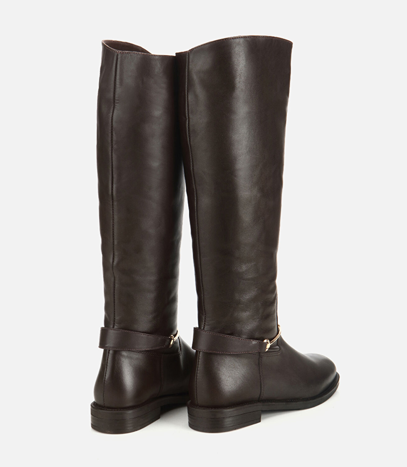 Kadın Deri Kahverengi Metal Tokalı Düz Çizme