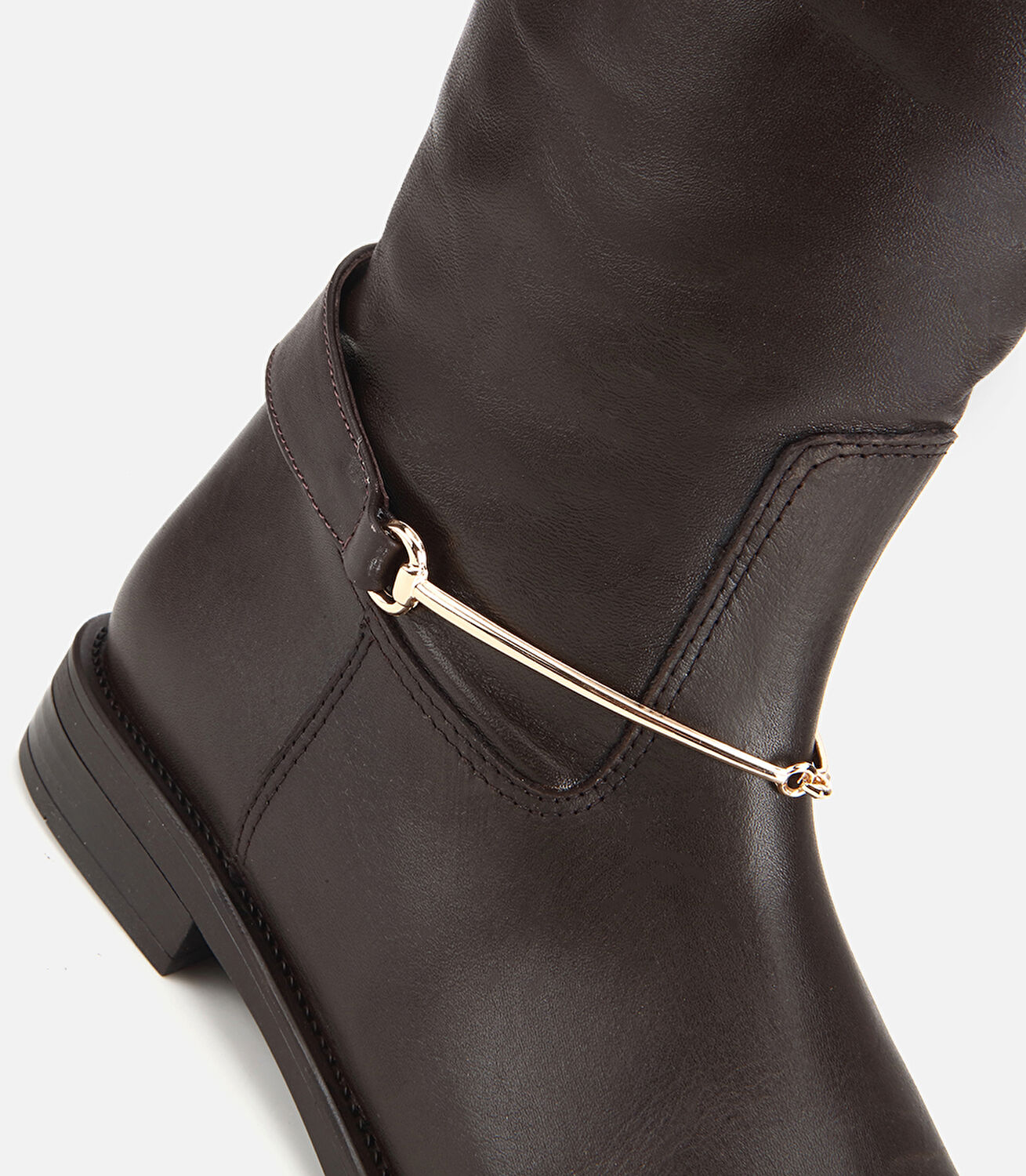 Kadın Deri Kahverengi Metal Tokalı Düz Çizme