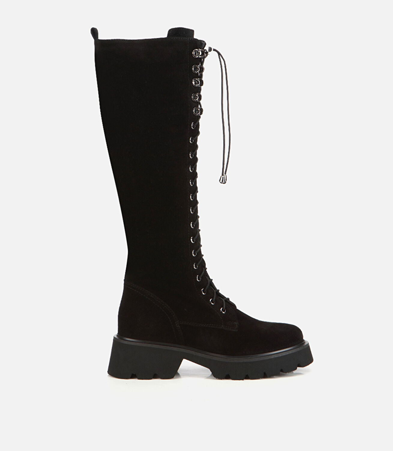 Kadın Süet Deri Siyah Bağcık Detaylı Düz Çizme