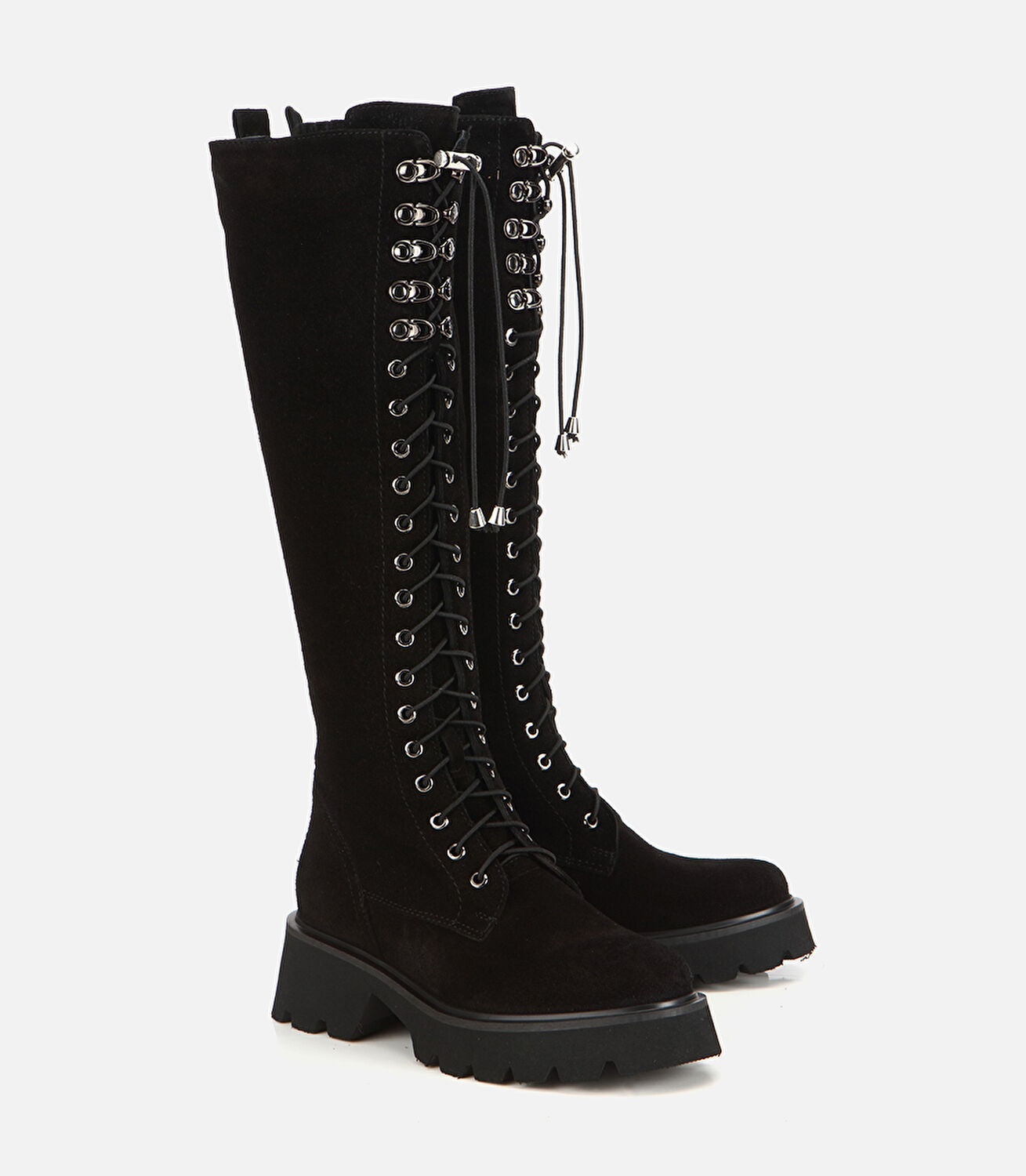 Kadın Süet Deri Siyah Bağcık Detaylı Düz Çizme