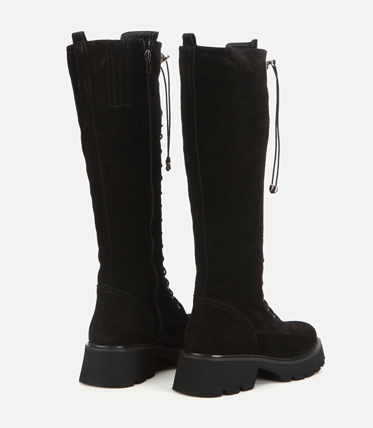 Kadın Süet Deri Siyah Bağcık Detaylı Düz Çizme