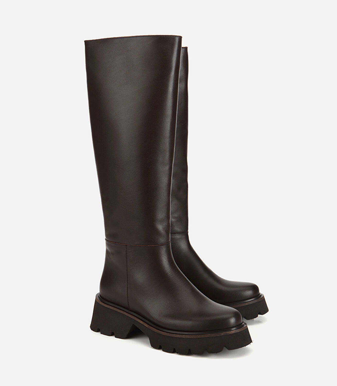 Kadın Deri Kahverengi Kalın Tabanlı Düz Çizme