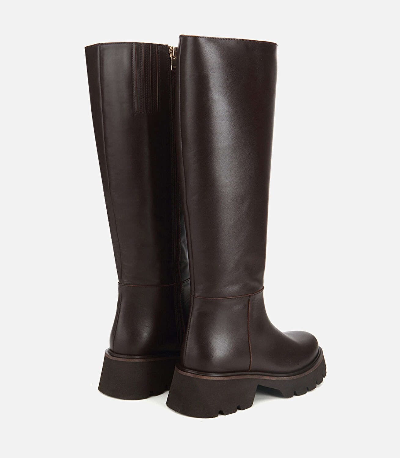 Kadın Deri Kahverengi Kalın Tabanlı Düz Çizme