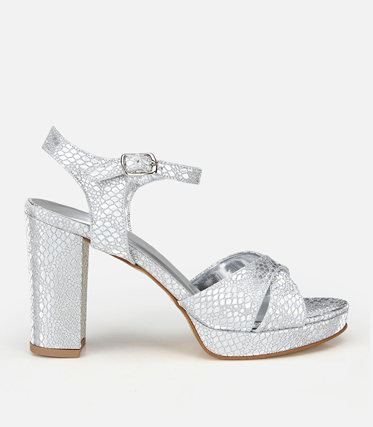 Kadın Saten Metalik Lame Yüksek Topuklu Sandalet