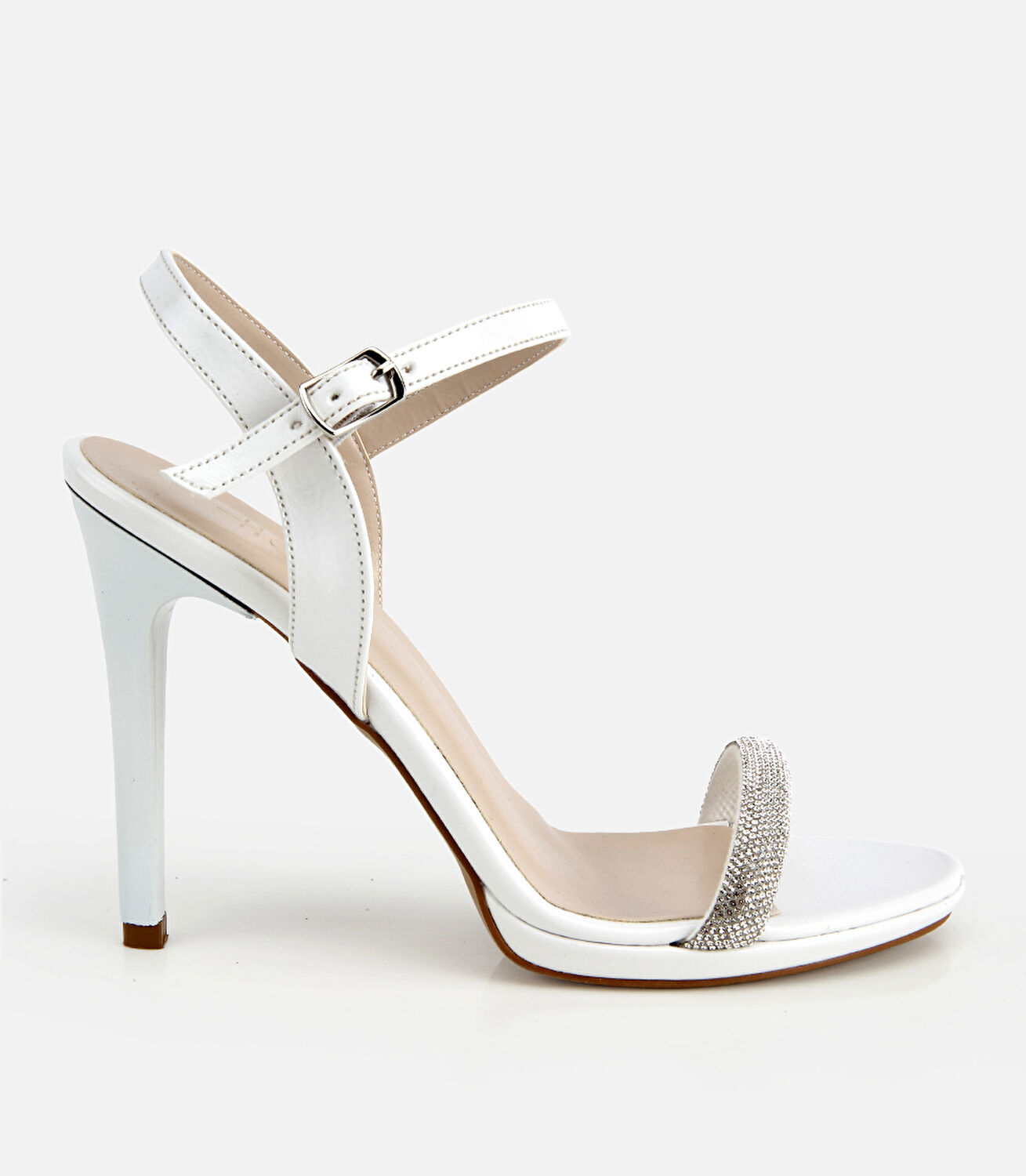Kadın Beyaz Taş Detaylı İnce Topuklu Sandalet