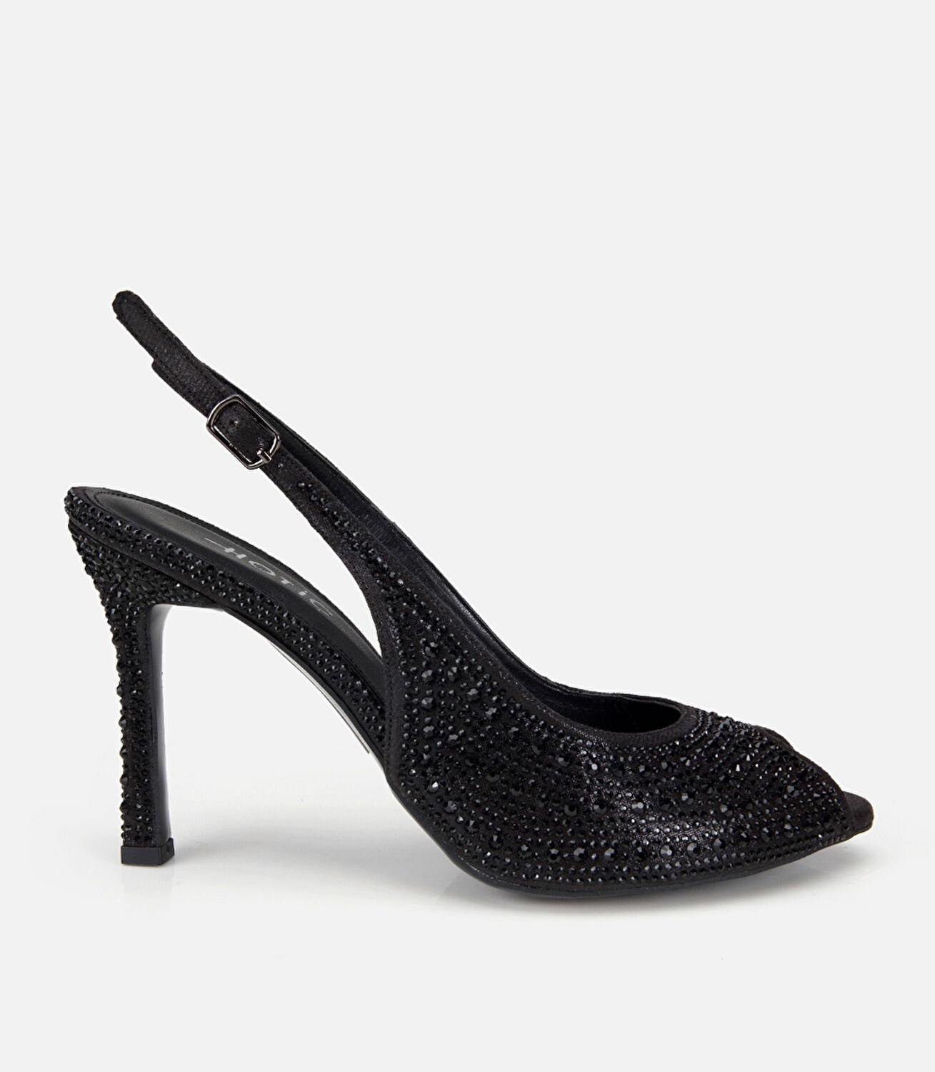 Kadın Saten Siyah Taşlı Burnu Açık Topuklu Sandalet