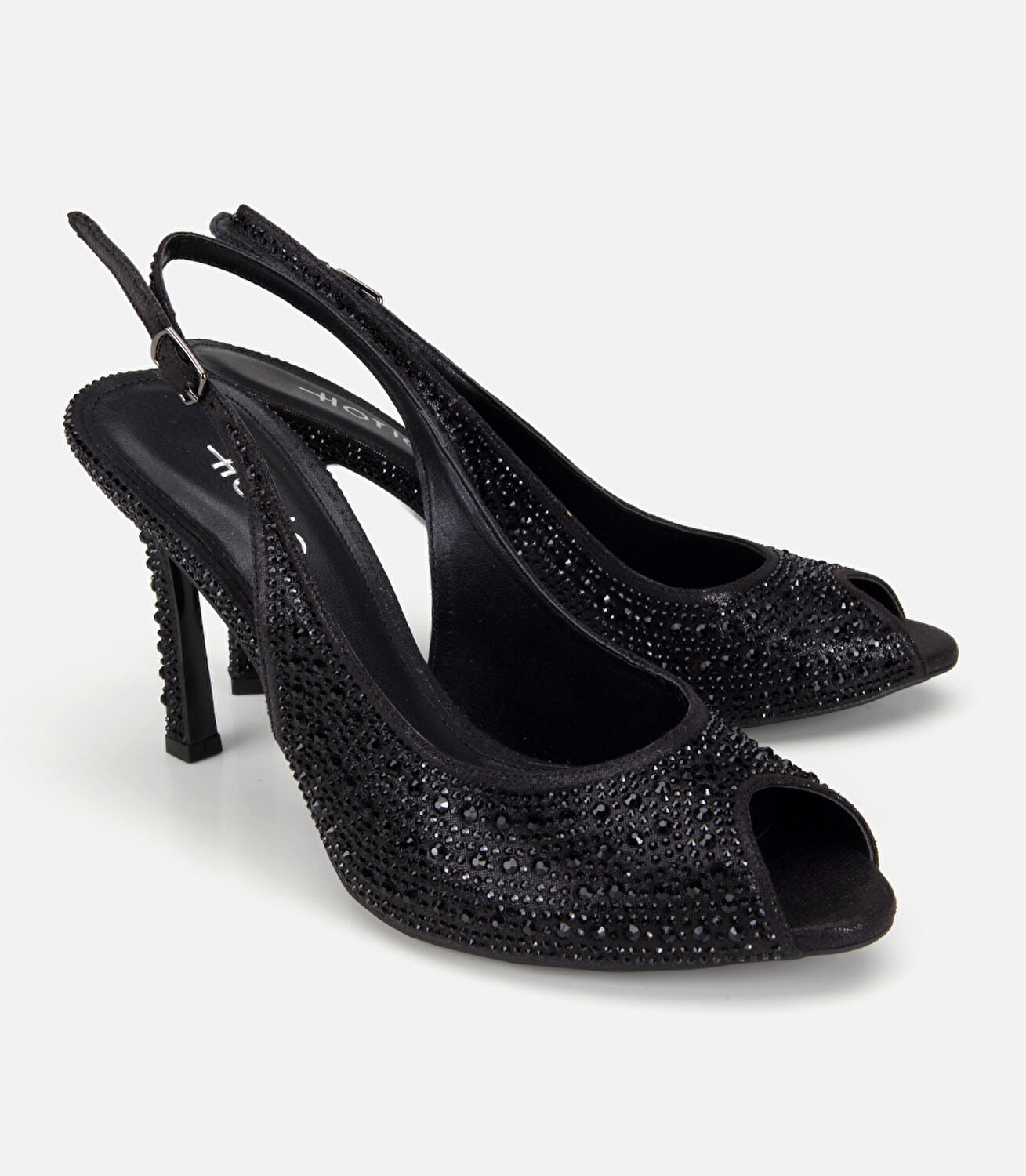 Kadın Saten Siyah Taşlı Burnu Açık Topuklu Sandalet