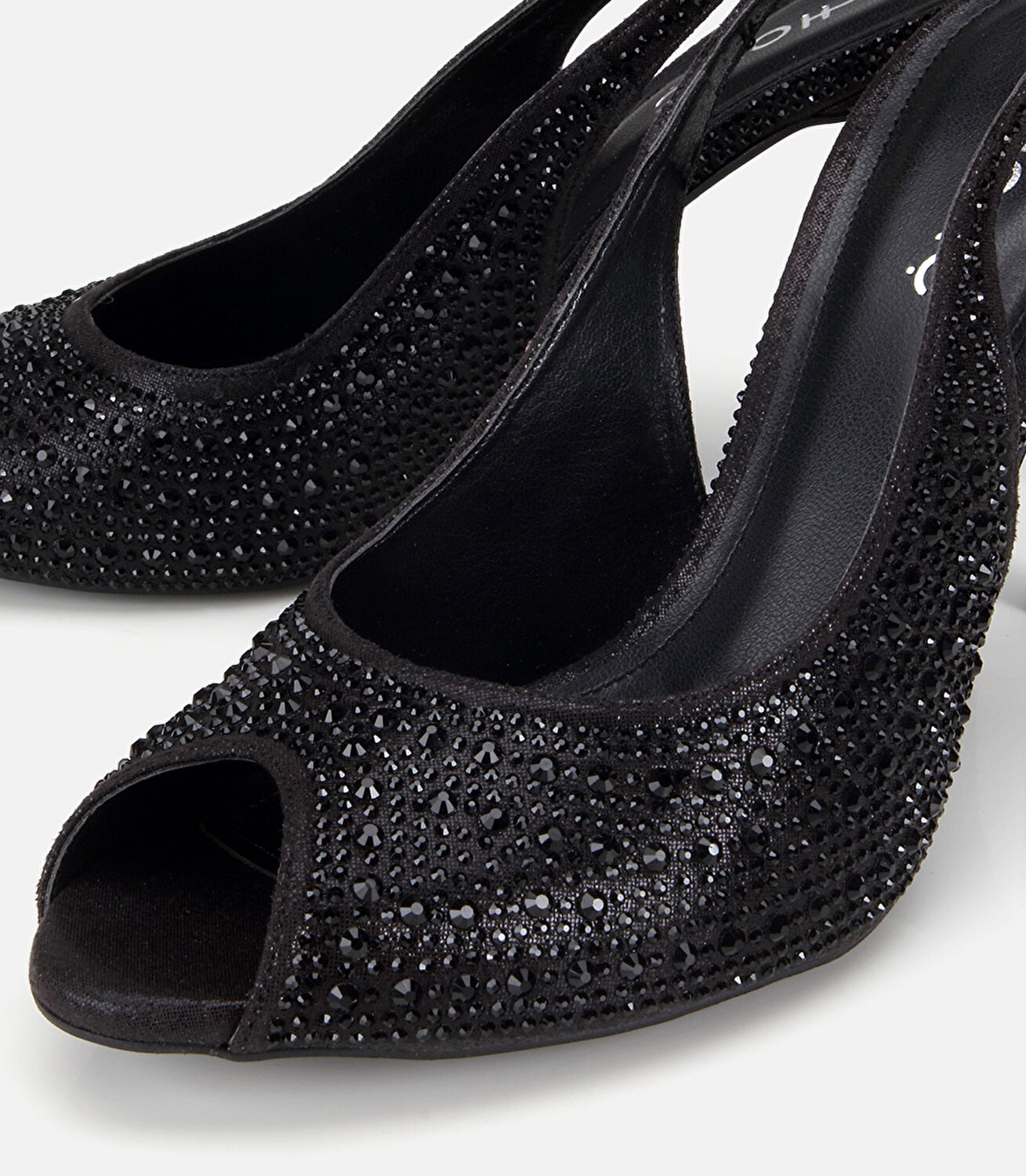 Kadın Saten Siyah Taşlı Burnu Açık Topuklu Sandalet