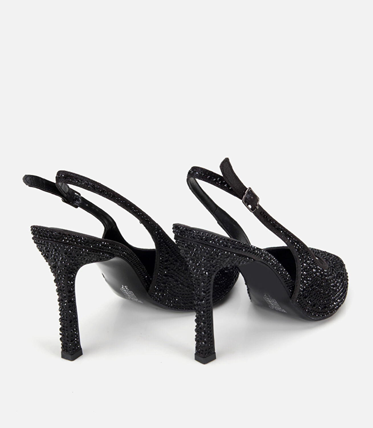 Kadın Saten Siyah Taşlı Burnu Açık Topuklu Sandalet