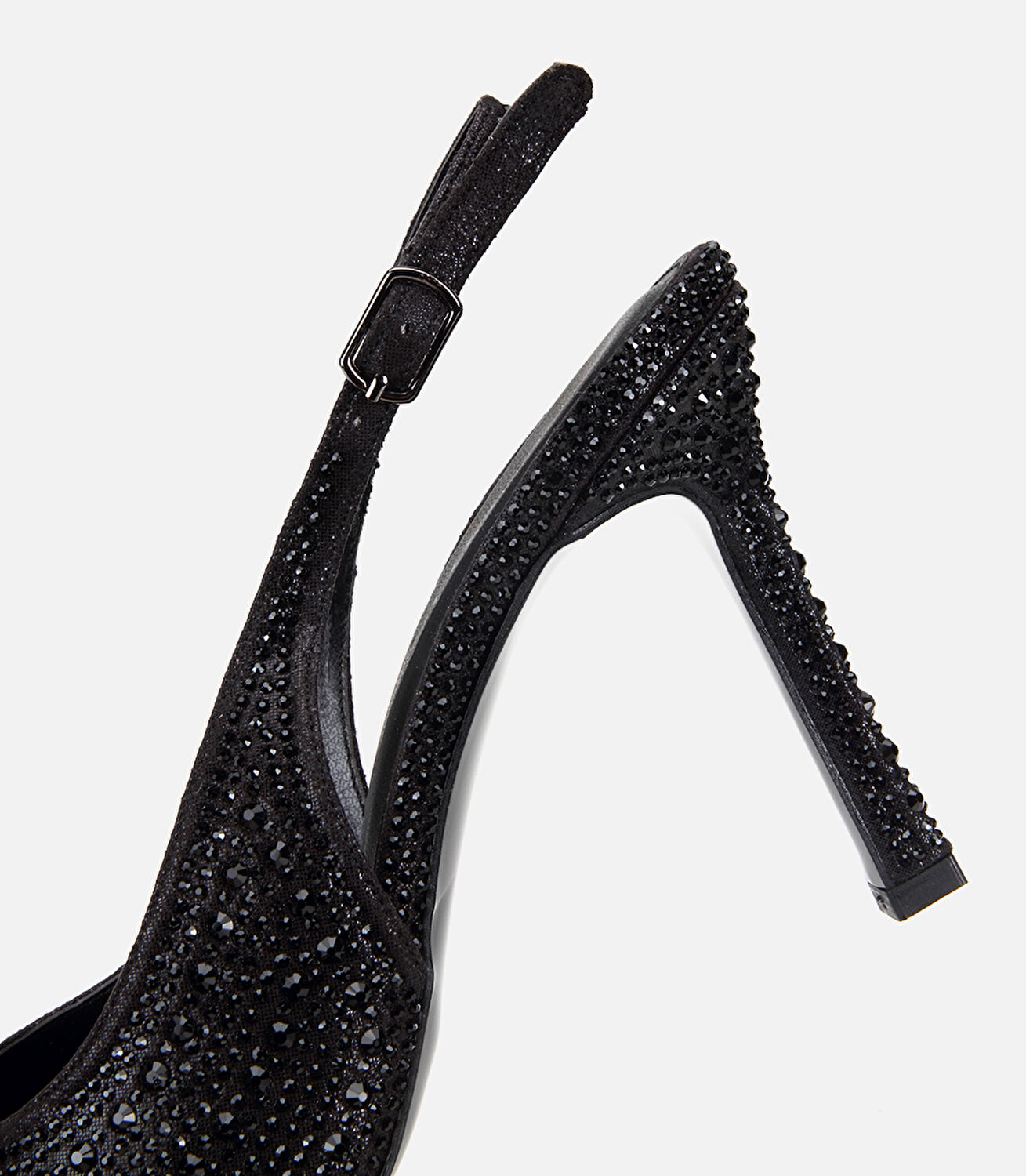 Kadın Saten Siyah Taşlı Burnu Açık Topuklu Sandalet