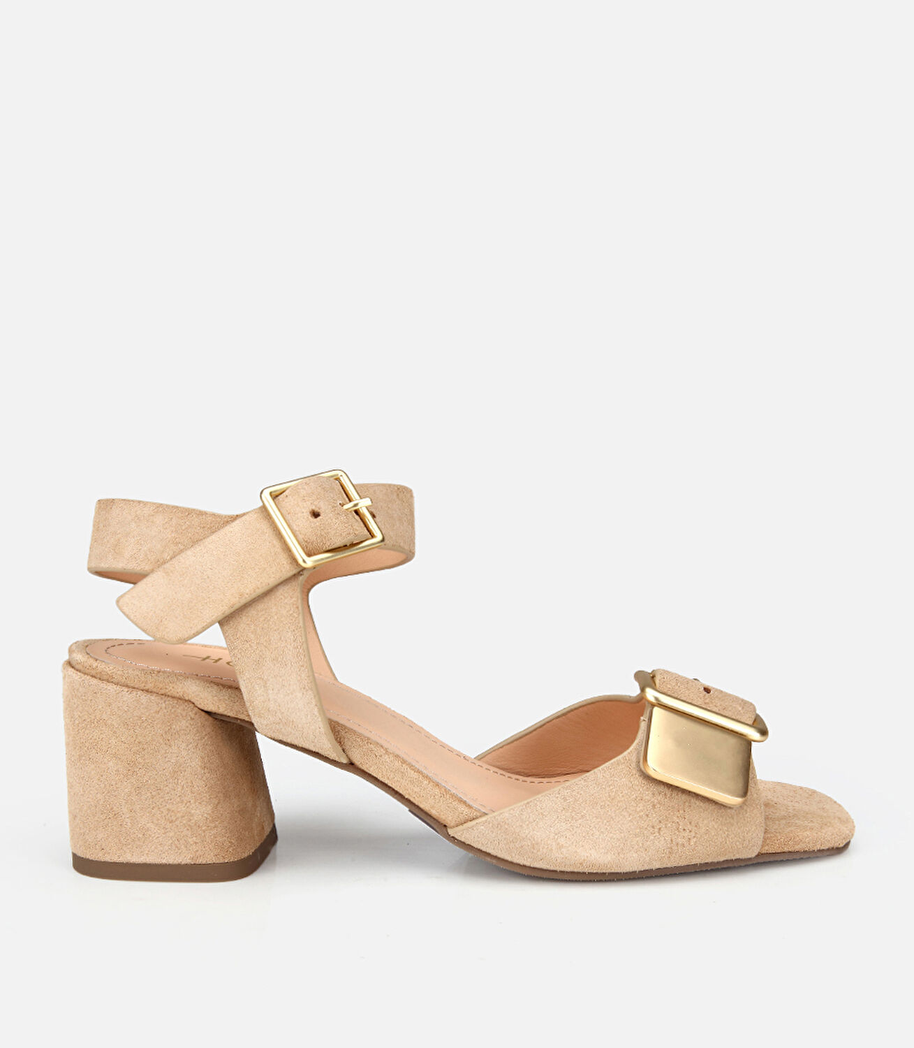 Kadın Süet Deri Bej Gold Detaylı Bantlı Topuklu Sandalet