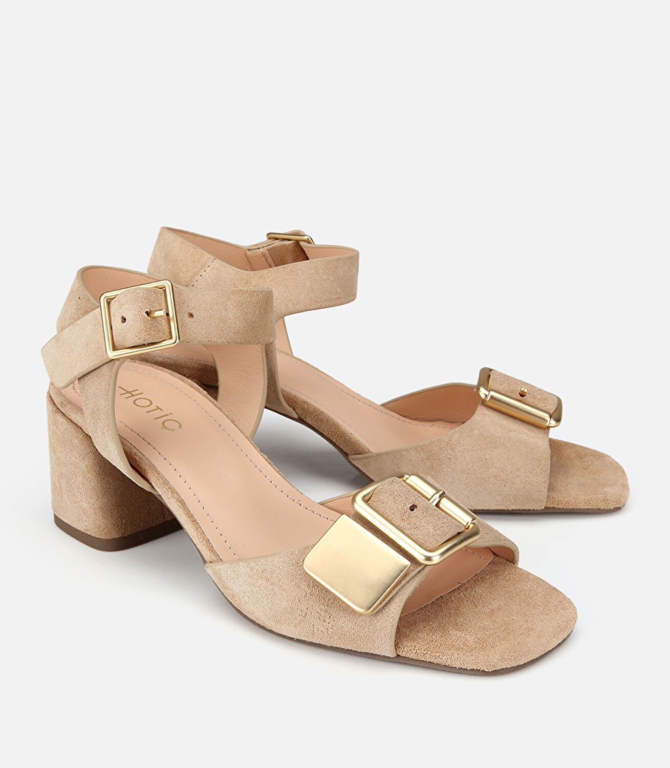 Kadın Süet Deri Bej Gold Detaylı Bantlı Topuklu Sandalet