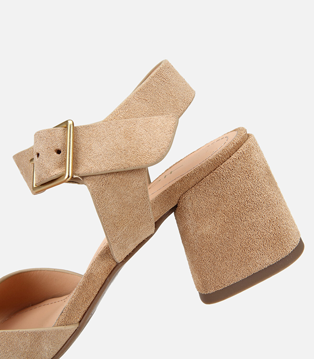 Kadın Süet Deri Bej Gold Detaylı Bantlı Topuklu Sandalet