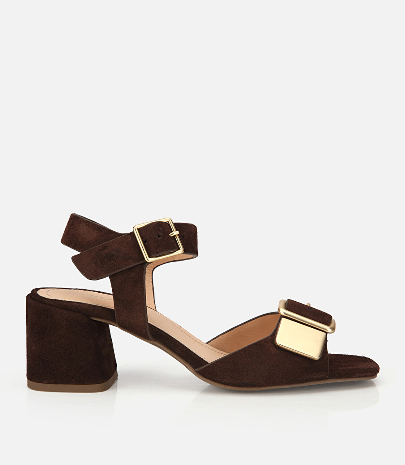 Kadın Süet Deri Kahverengi Gold Detaylı Bantlı Topuklu Sandalet