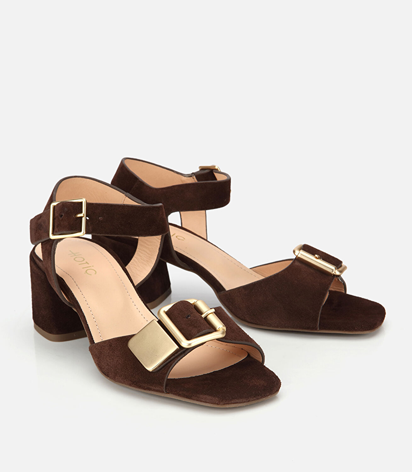 Kadın Süet Deri Kahverengi Gold Detaylı Bantlı Topuklu Sandalet