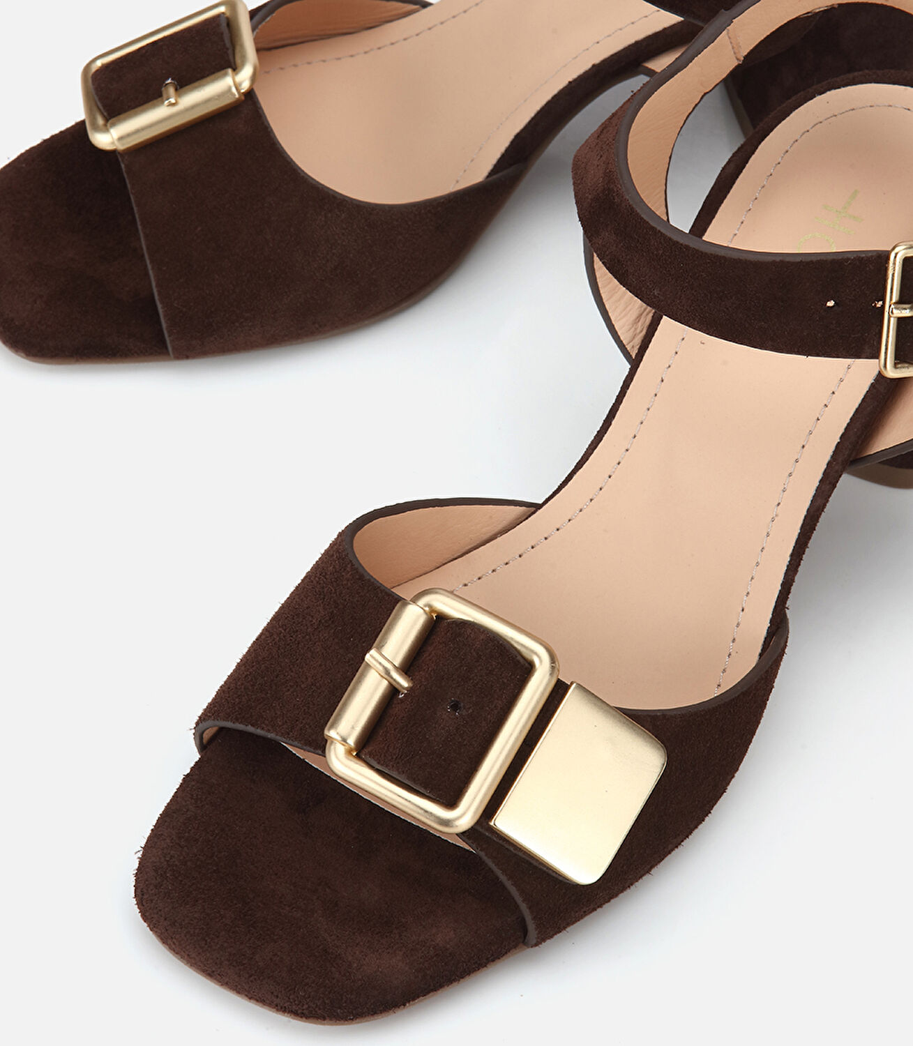 Kadın Süet Deri Kahverengi Gold Detaylı Bantlı Topuklu Sandalet