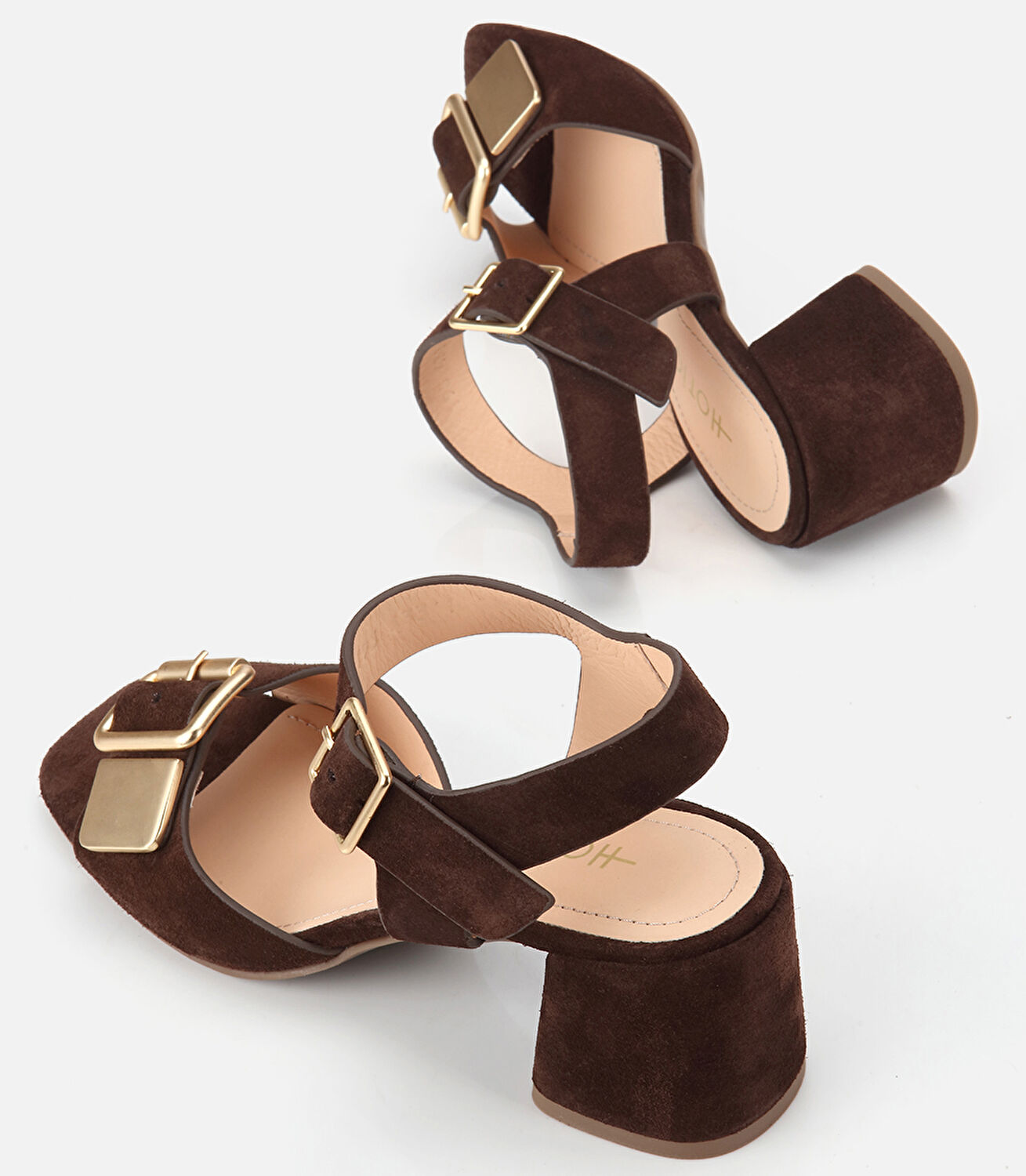 Kadın Süet Deri Kahverengi Gold Detaylı Bantlı Topuklu Sandalet