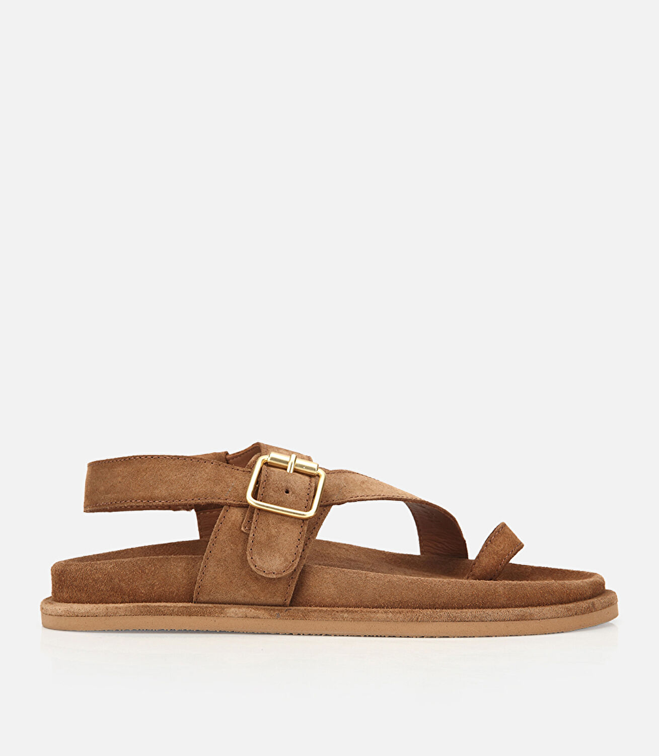 Kadın Süet Deri Taba Parmak Detaylı Gold Tokalı Düz Sandalet