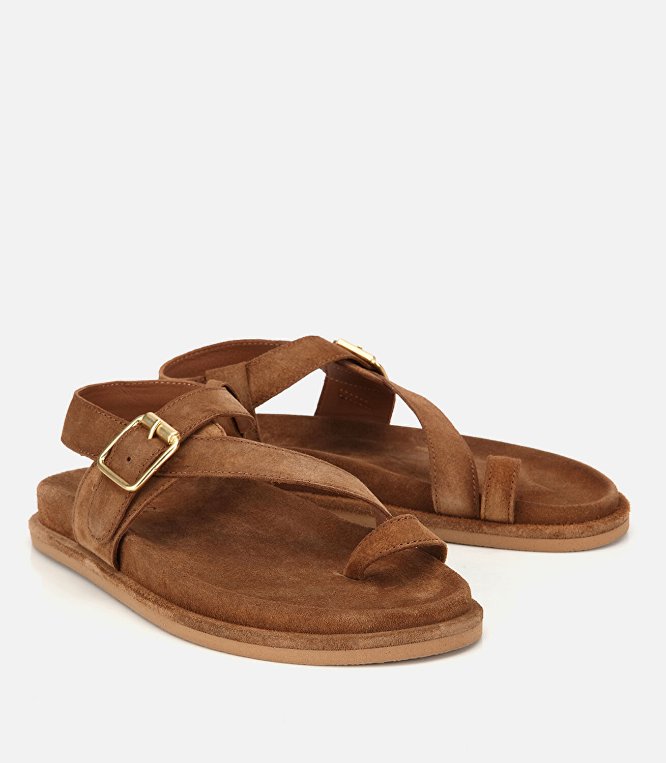 Kadın Süet Deri Taba Parmak Detaylı Gold Tokalı Düz Sandalet