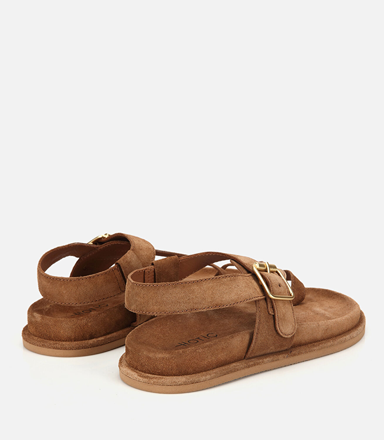 Kadın Süet Deri Taba Parmak Detaylı Gold Tokalı Düz Sandalet