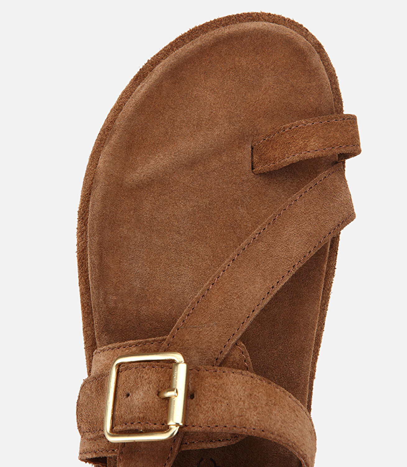 Kadın Süet Deri Taba Parmak Detaylı Gold Tokalı Düz Sandalet