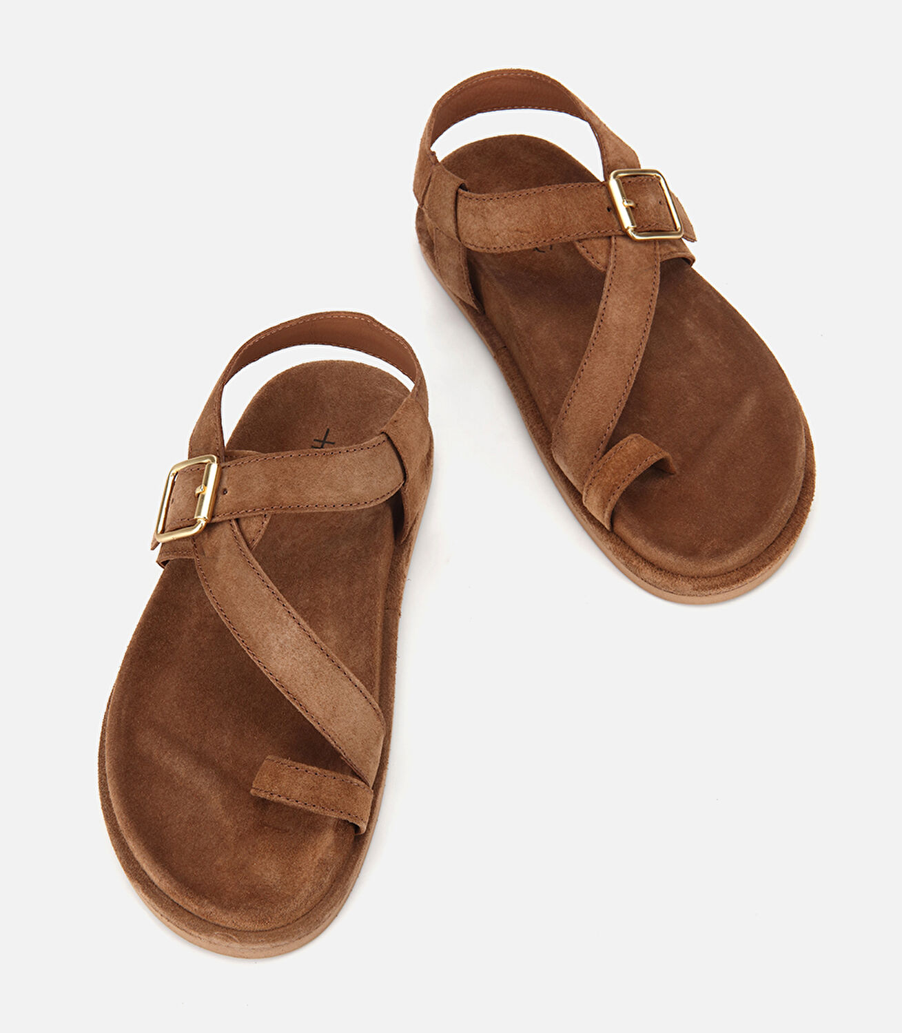 Kadın Süet Deri Taba Parmak Detaylı Gold Tokalı Düz Sandalet