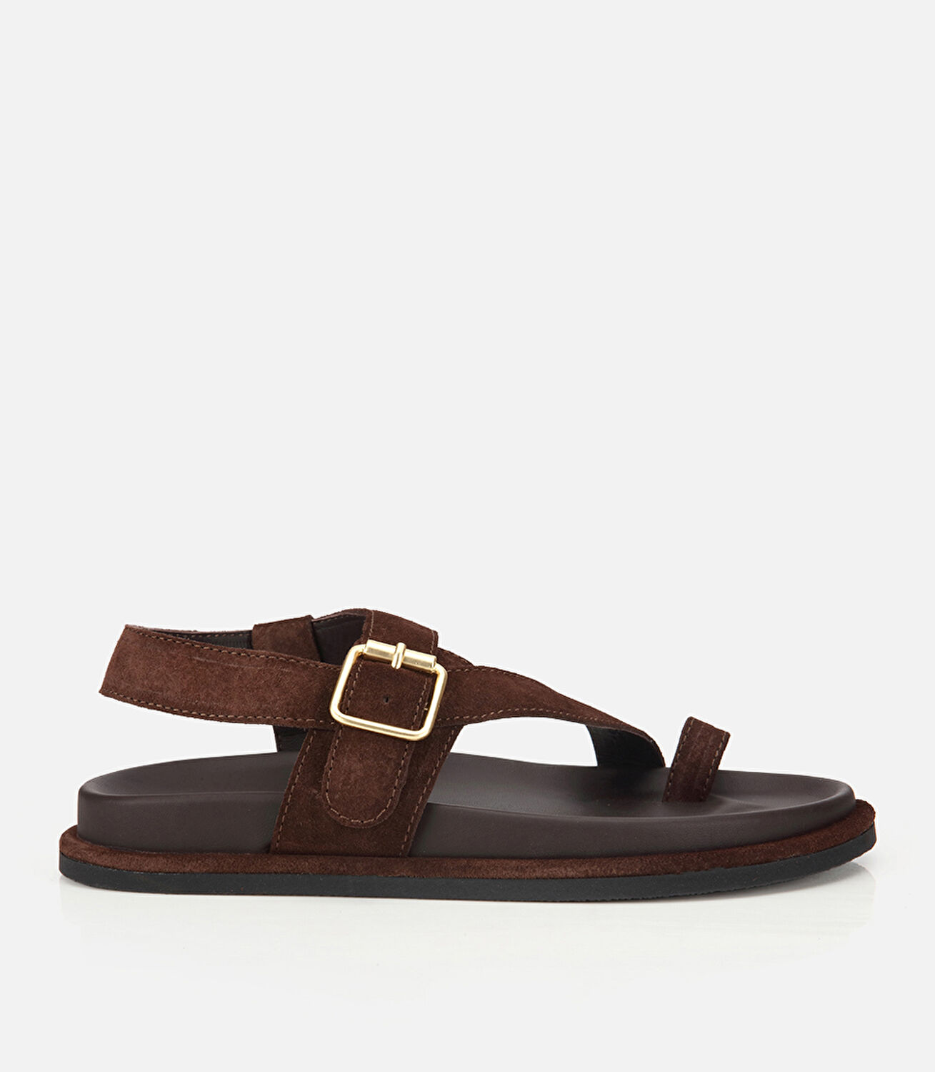 Kadın Süet Deri Kahverengi Parmak Detaylı Gold Tokalı Düz Sandalet