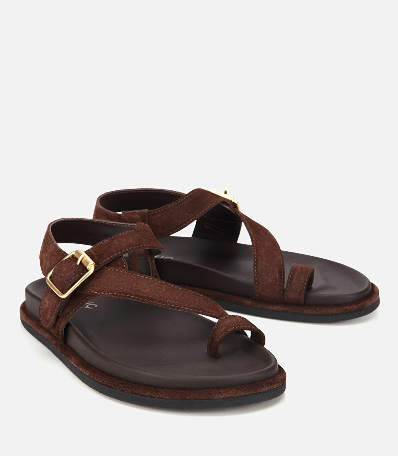 Kadın Süet Deri Kahverengi Parmak Detaylı Gold Tokalı Düz Sandalet