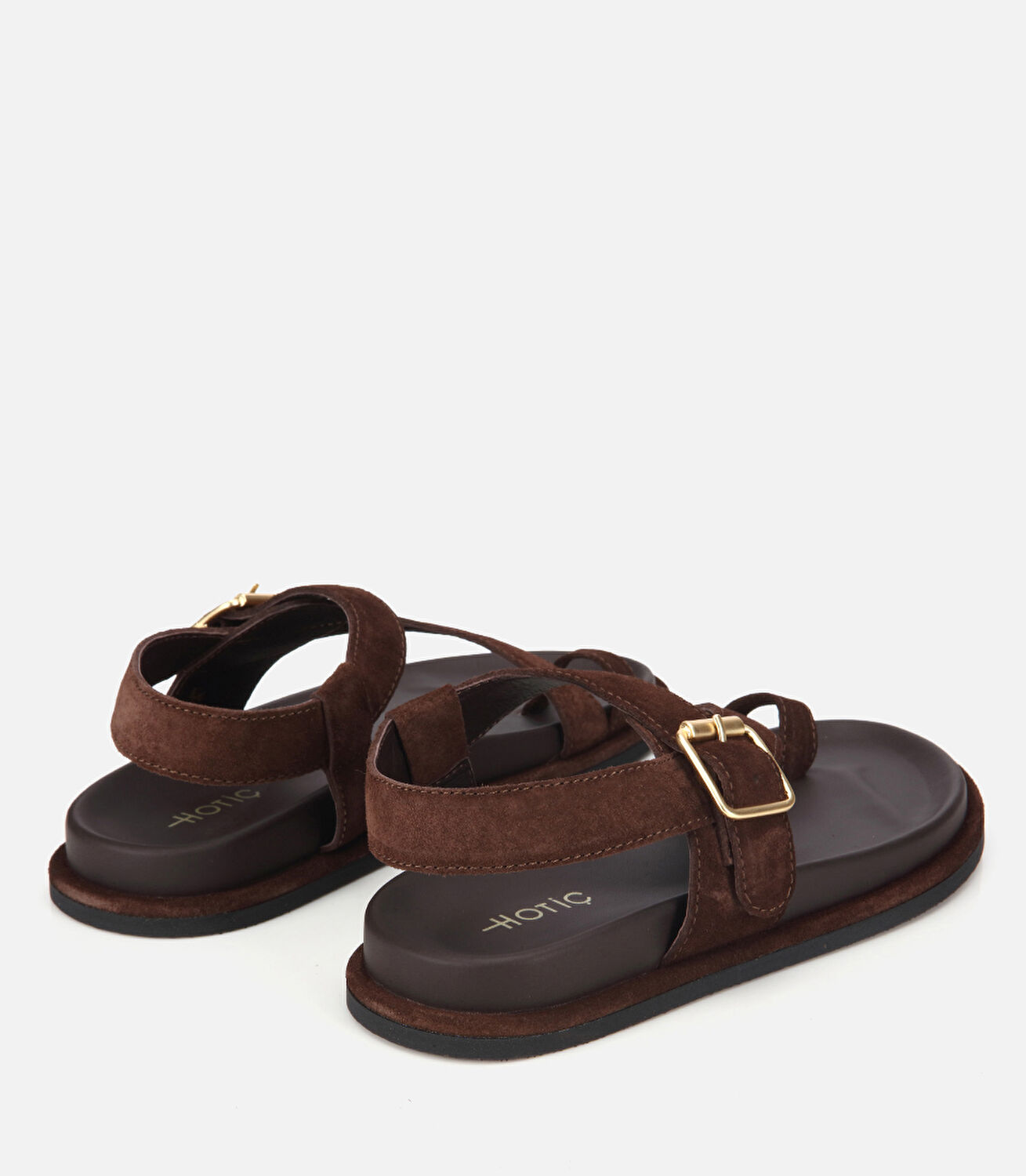 Kadın Süet Deri Kahverengi Parmak Detaylı Gold Tokalı Düz Sandalet