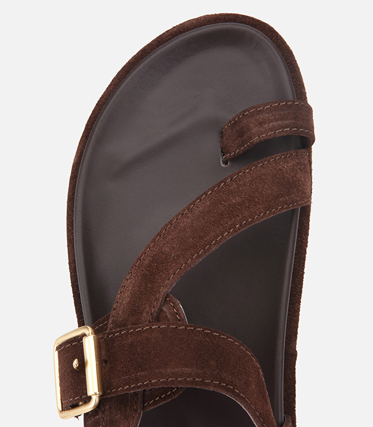 Kadın Süet Deri Kahverengi Parmak Detaylı Gold Tokalı Düz Sandalet