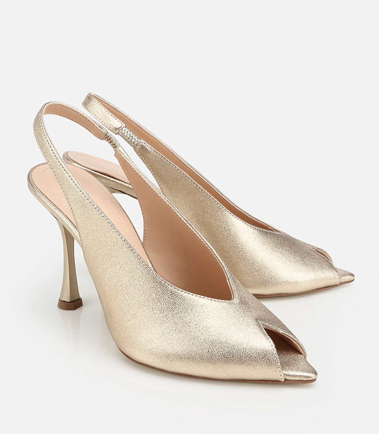 Kadın Deri Gold Burnu Açık İnce Topuklu Stiletto