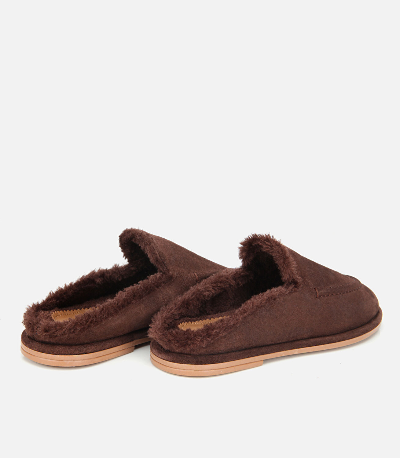 Kadın Süet Deri Kahverengi İçi Kürklü Düz Günlük Terlik