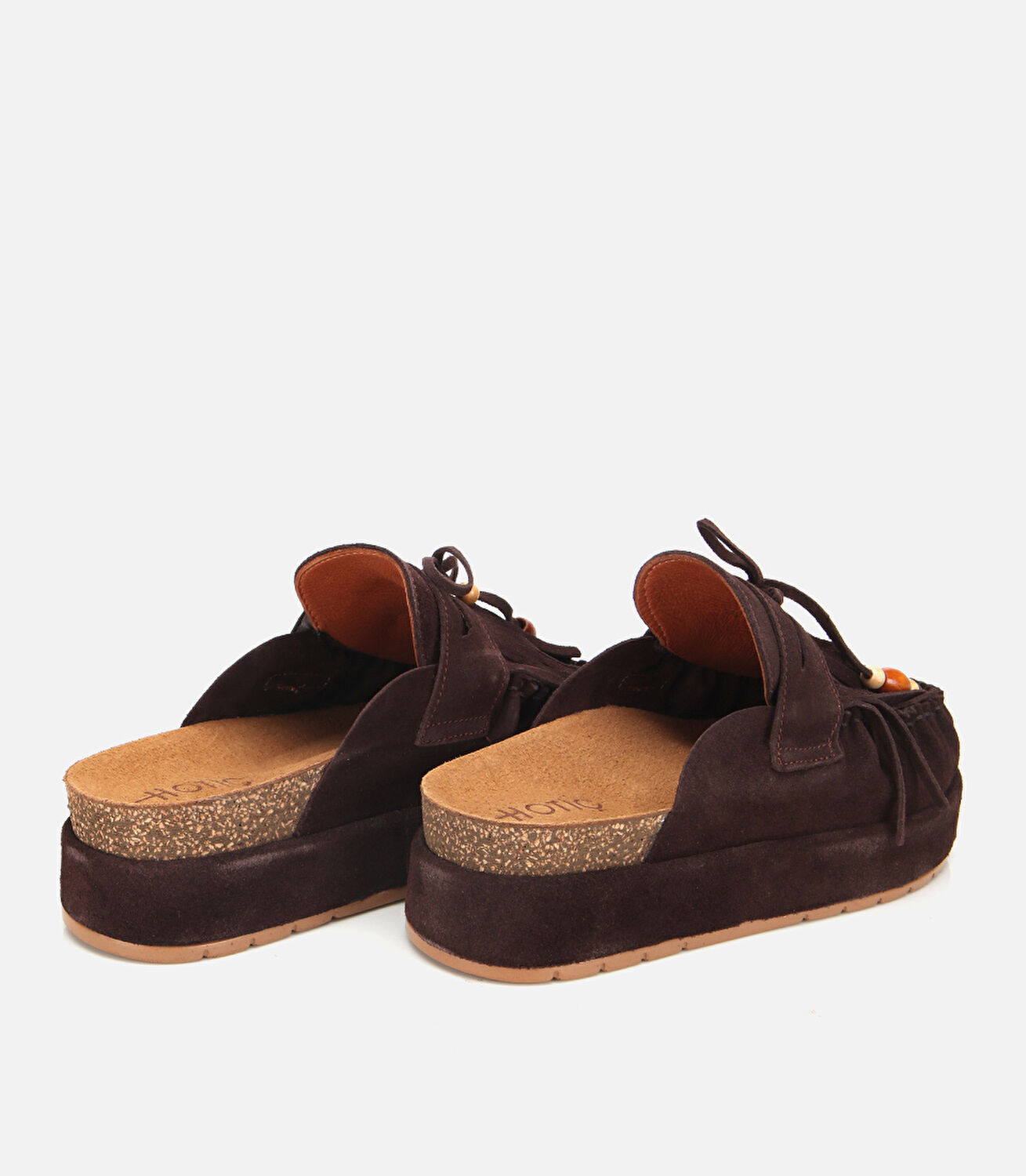 Kadın Süet Deri Kahverengi Püsküllü Kalın Tabanlı Terlik