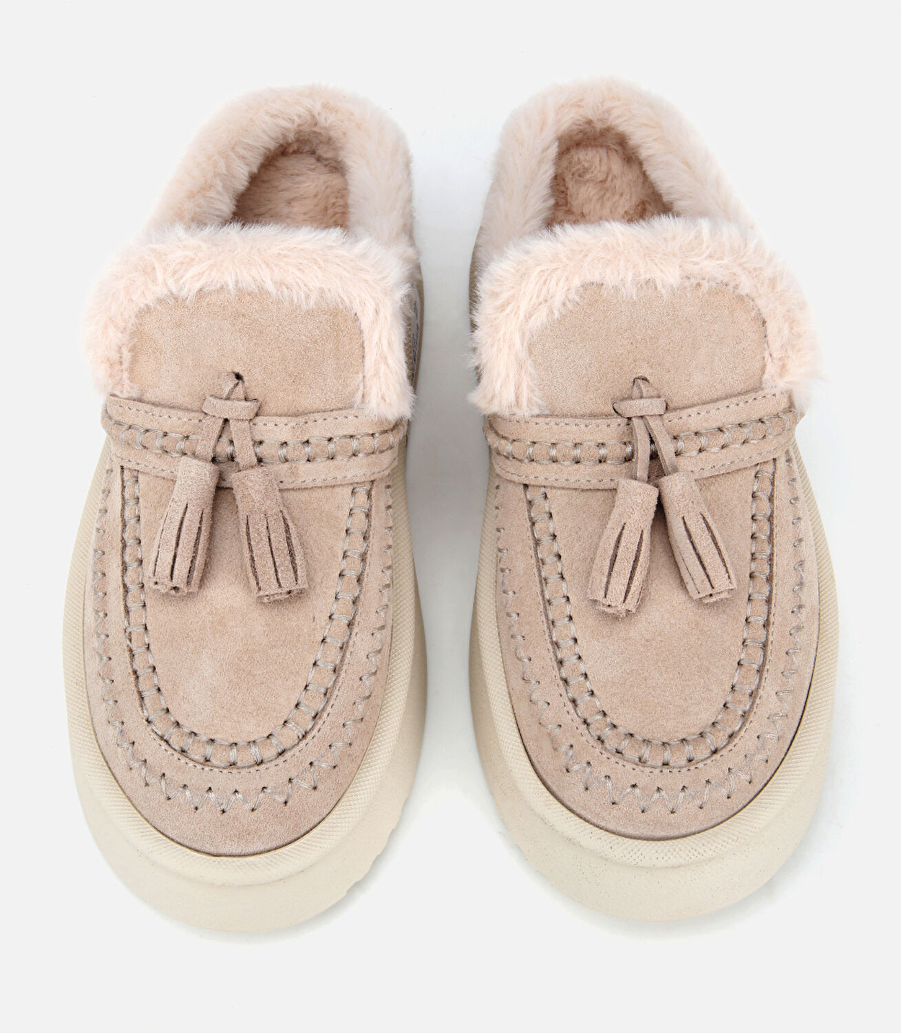 Kadın Süet Deri Bej İçi Kürklü Püskül Detaylı Düz Terlik