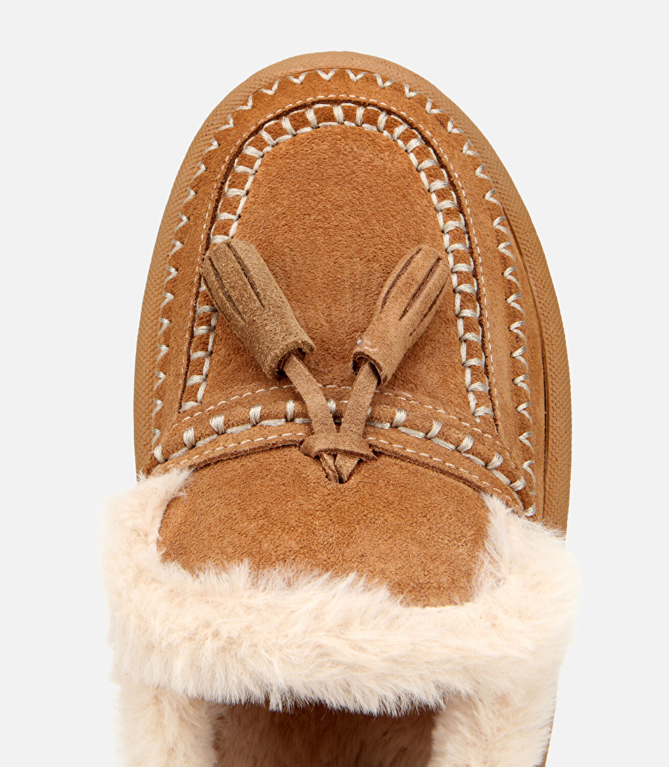 Kadın Süet Deri Taba İçi Kürklü Püskül Detaylı Düz Terlik